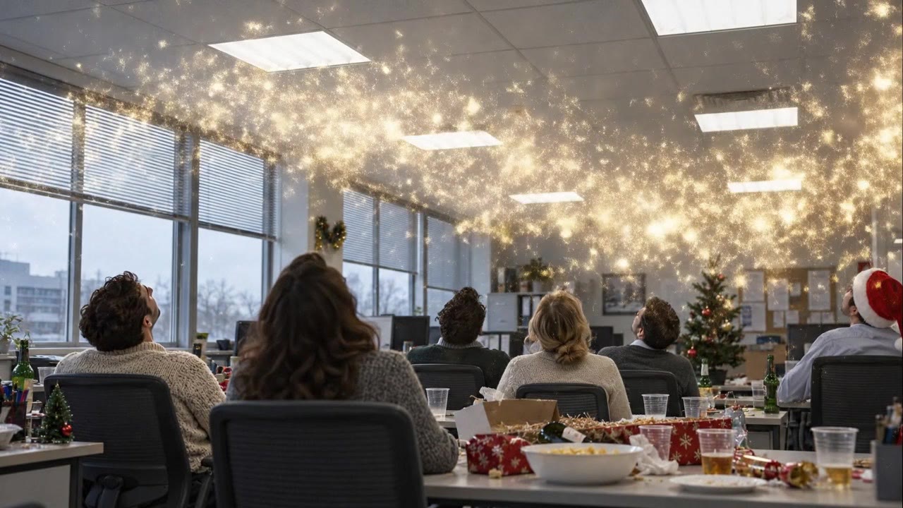 Een kantoor met kerstversiering verandert onder gouden lichtjes in een lanceerruimte