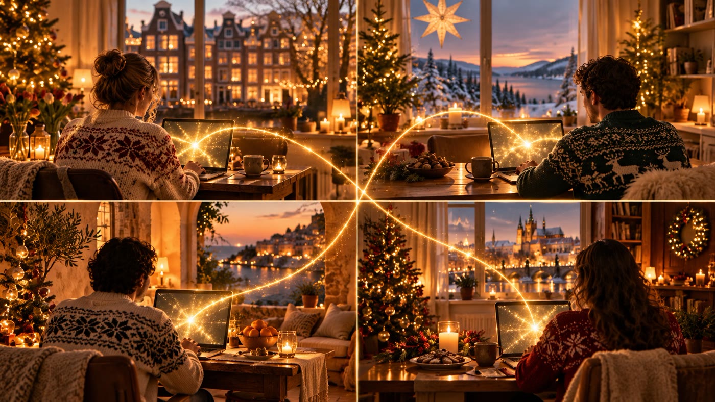 Vier teamleden in kersttruien, ieder thuis achter de laptop, verbonden door gouden lijnen